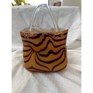 Large 10 3/4 Murano Style Art Glass Purse Exotic Safari Tiger Striped Bag